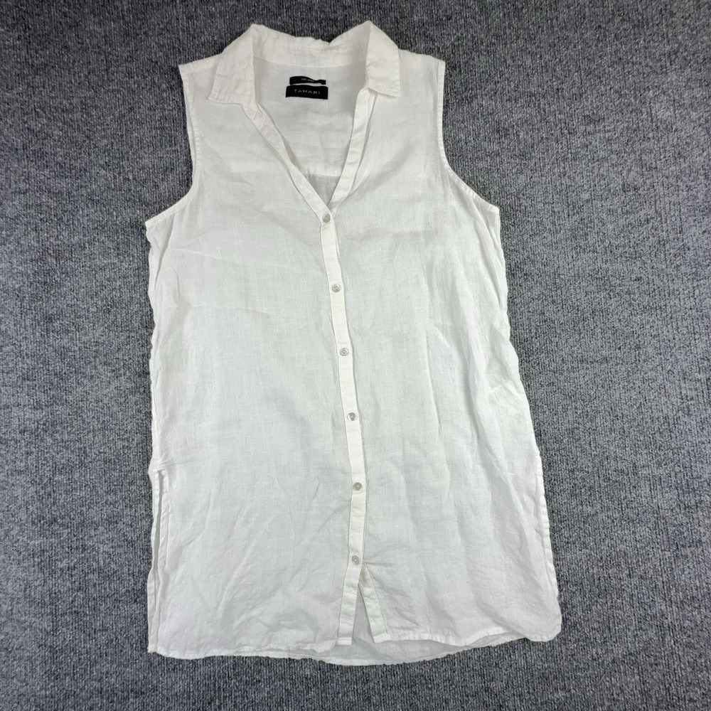 Tahari Shirt Womens Large White 100% Linen Sleeveless Button Up Tunic Top
